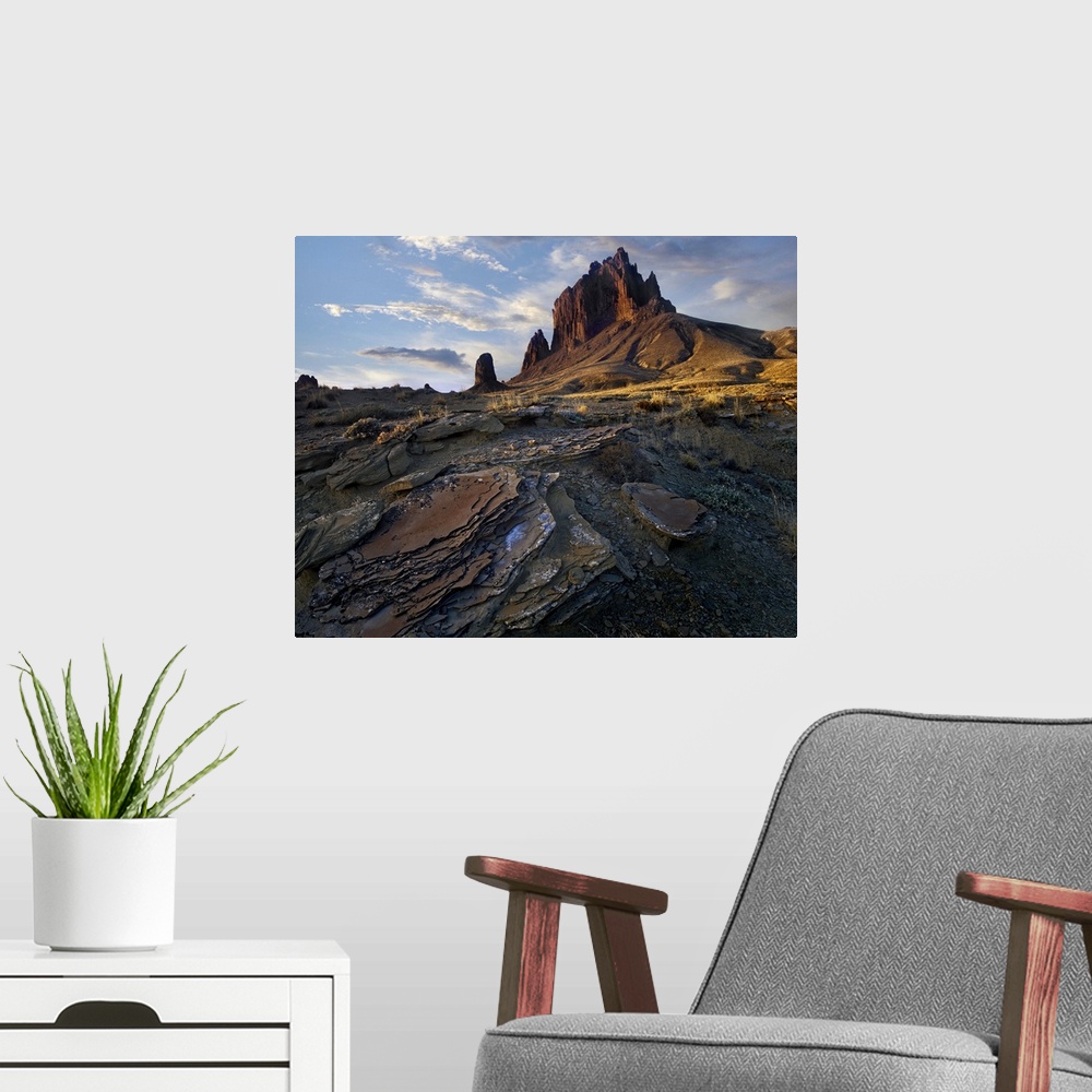 A modern room featuring Shiprock, the basalt core of an extinct volcano, New Mexico