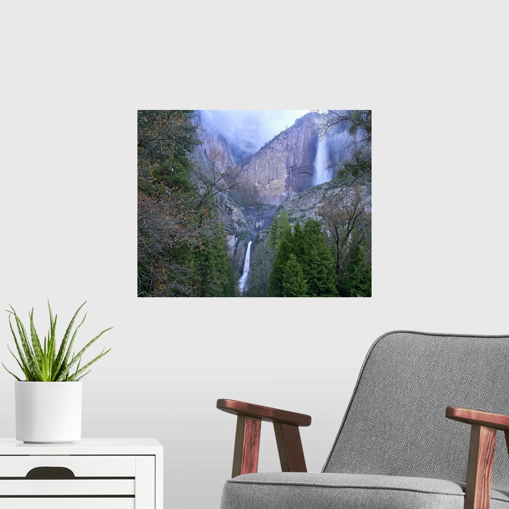 A modern room featuring Yosemite Falls in spring, Yosemite National Park, California