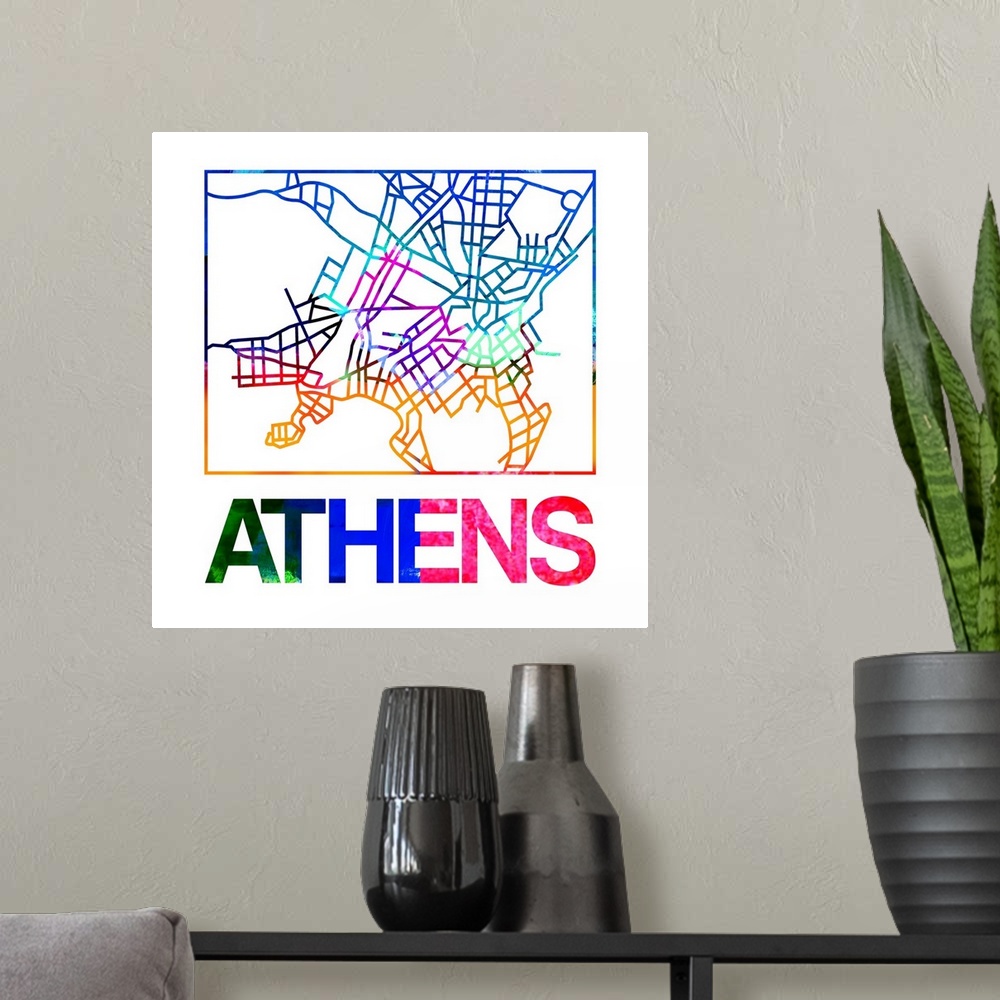 A modern room featuring Colorful map of the streets of Athens, Greece.