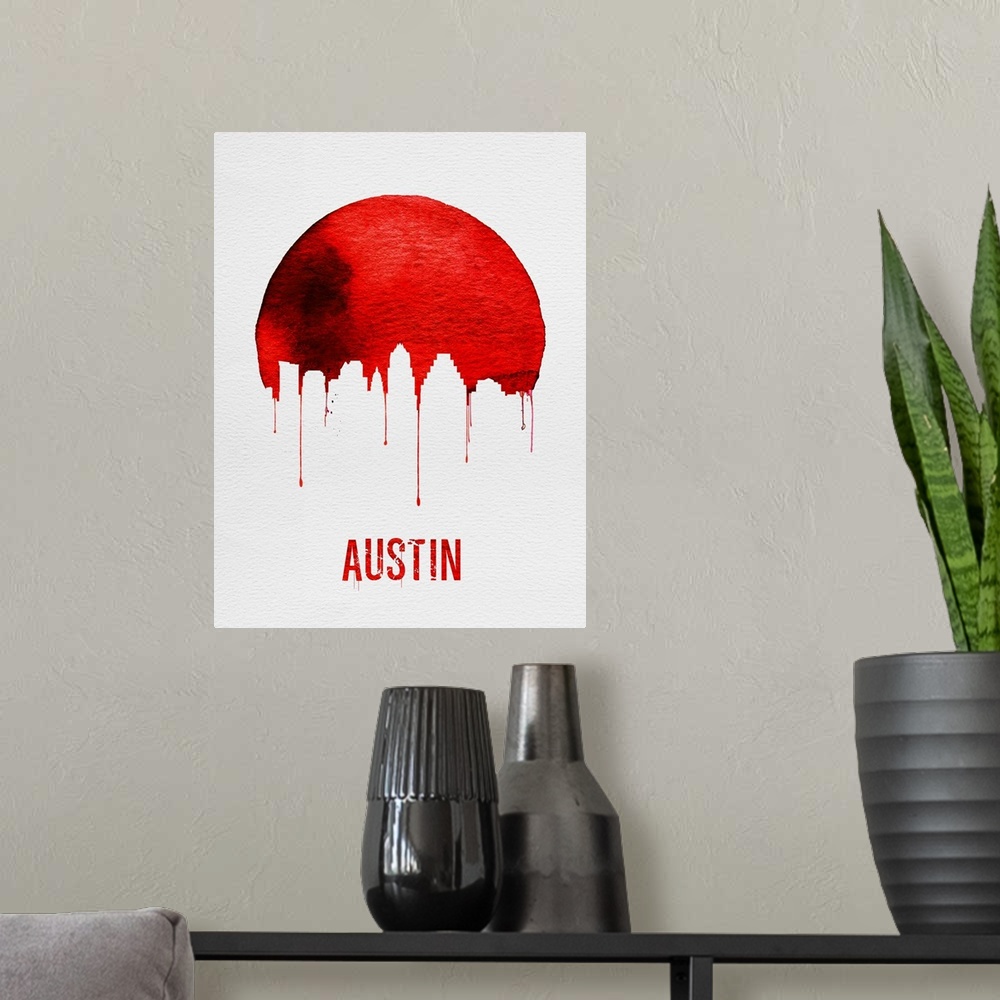 A modern room featuring Contemporary watercolor artwork of the Austin city skyline, in silhouette.