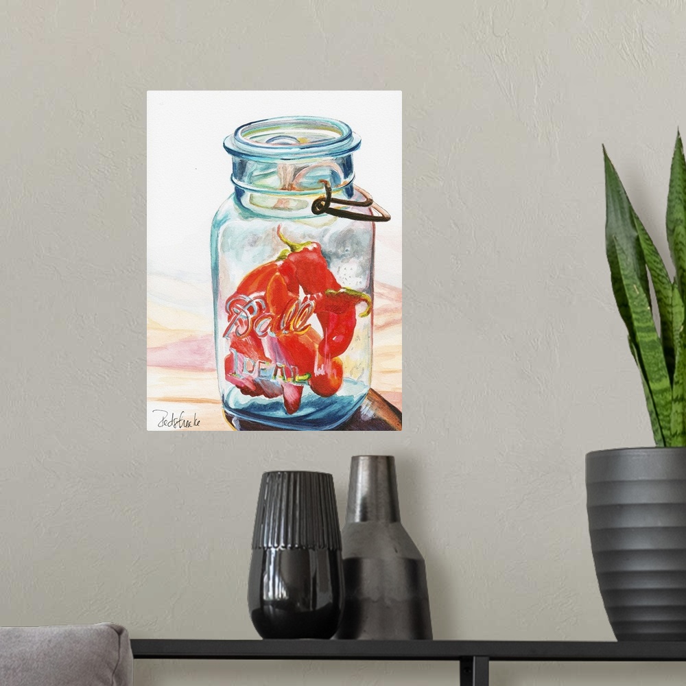 A modern room featuring A contemporary painting of a glass jar containing chili peppers.