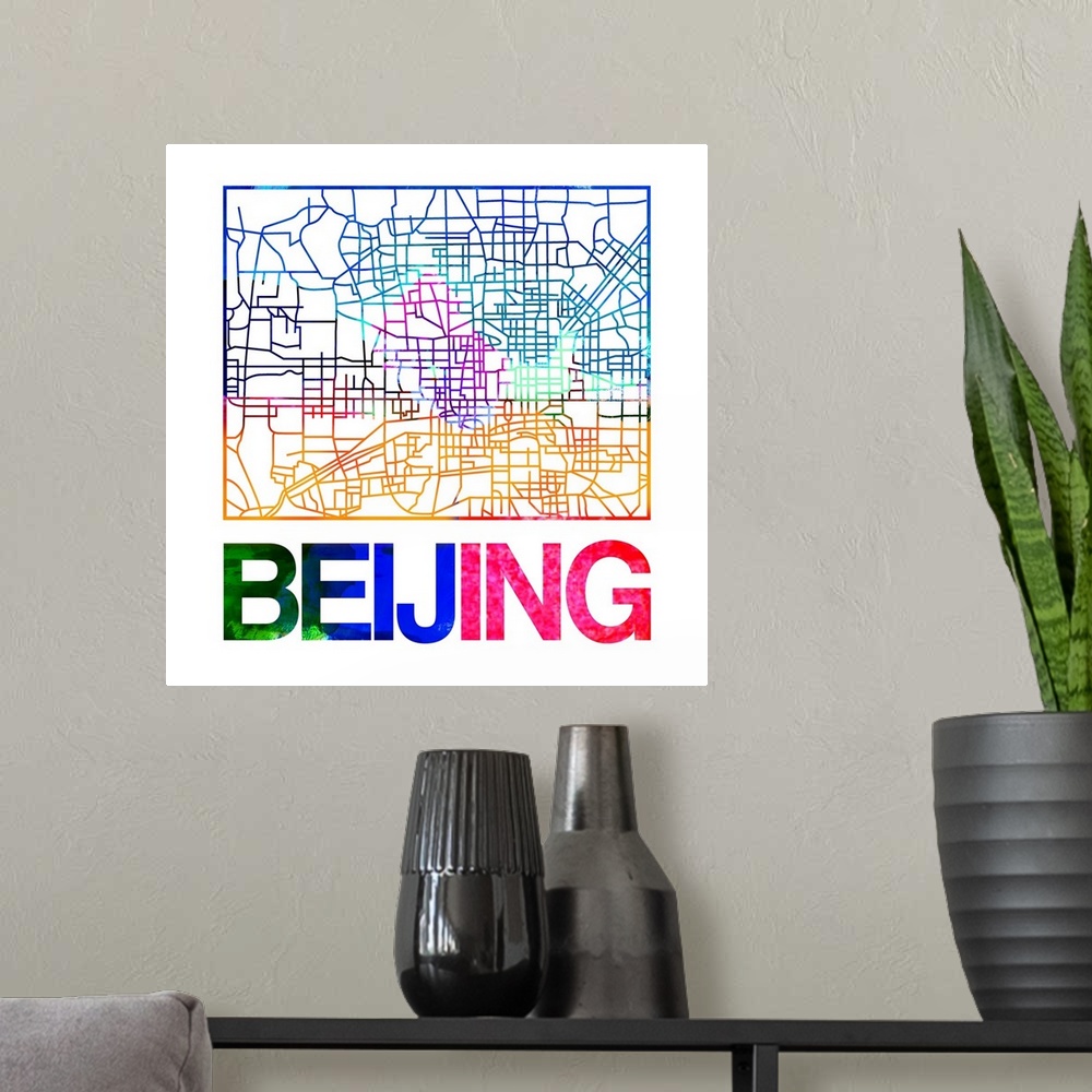 A modern room featuring Colorful map of the streets of Beijing, China.