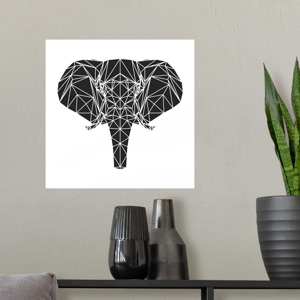 A modern room featuring Elephant head made up of a polygon mesh.