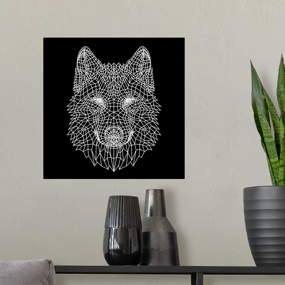 A modern room featuring Wolf head made up of a polygon mesh.