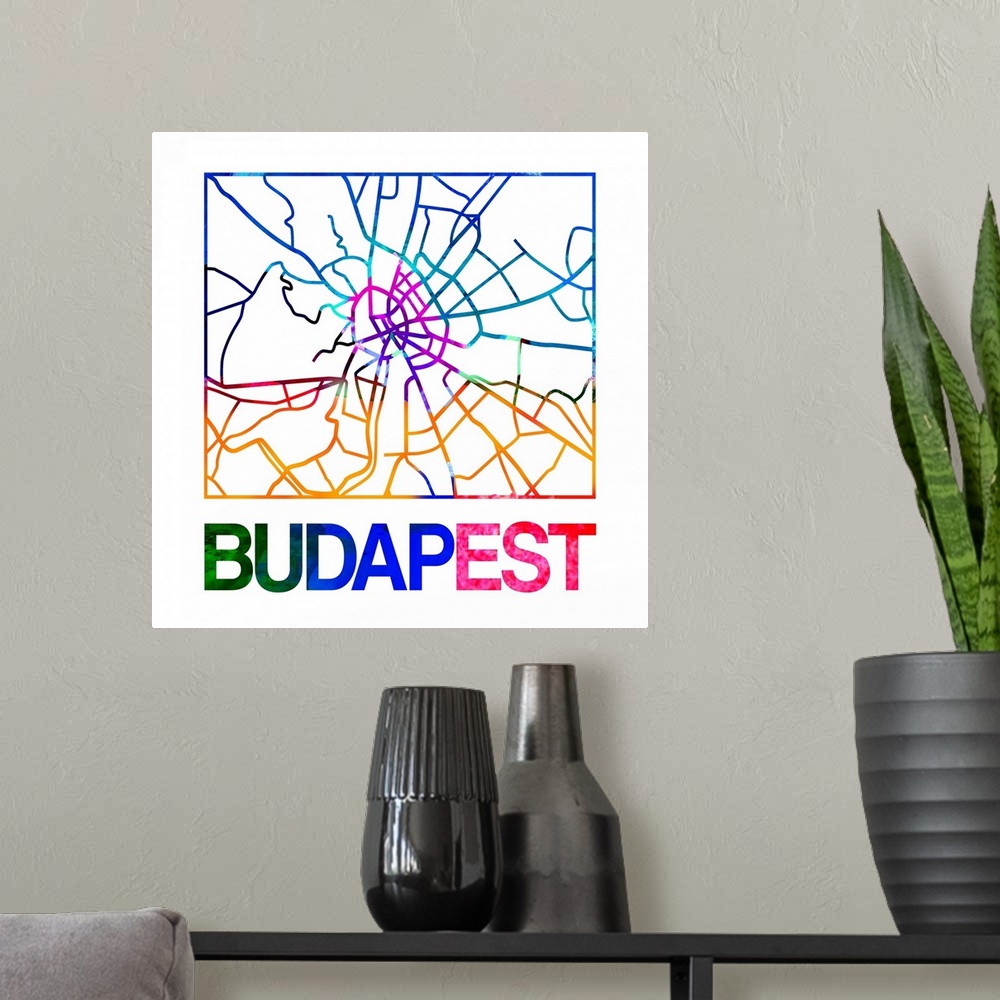A modern room featuring Colorful map of the streets of Budapest, Hungary.
