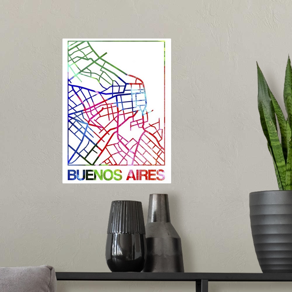 A modern room featuring Colorful map of the streets of Buenos Aires, Argentina.