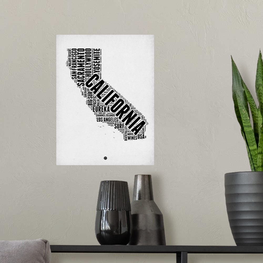 A modern room featuring Typography art map of the US state California.