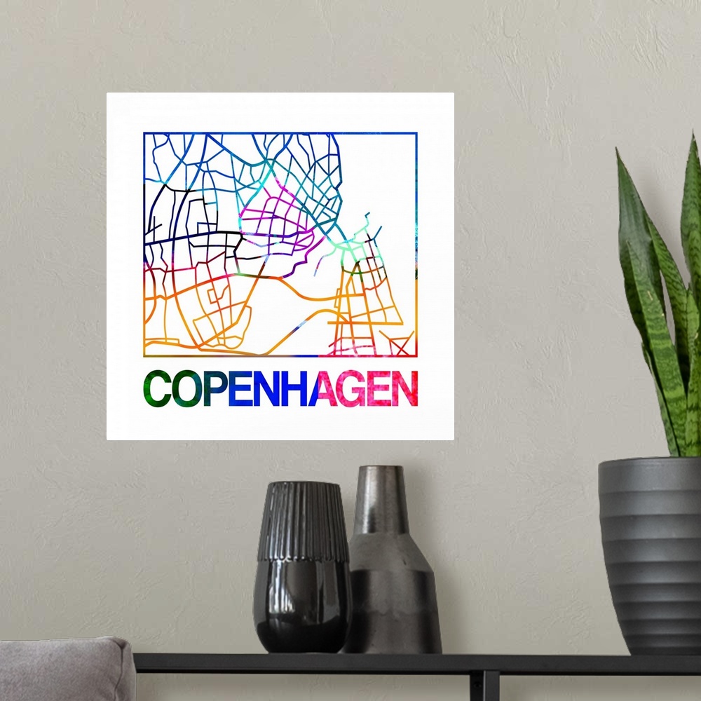 A modern room featuring Colorful map of the streets of Copenhagen, Denmark.