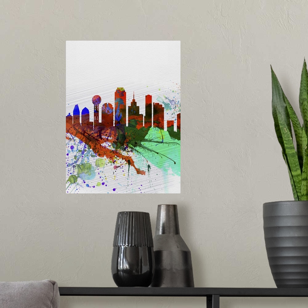 A modern room featuring Dallas Watercolor Skyline