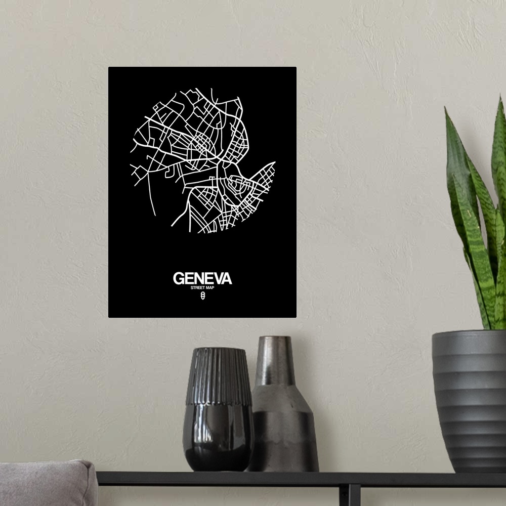 A modern room featuring Minimalist art map of the city streets of Geneva in black and white.