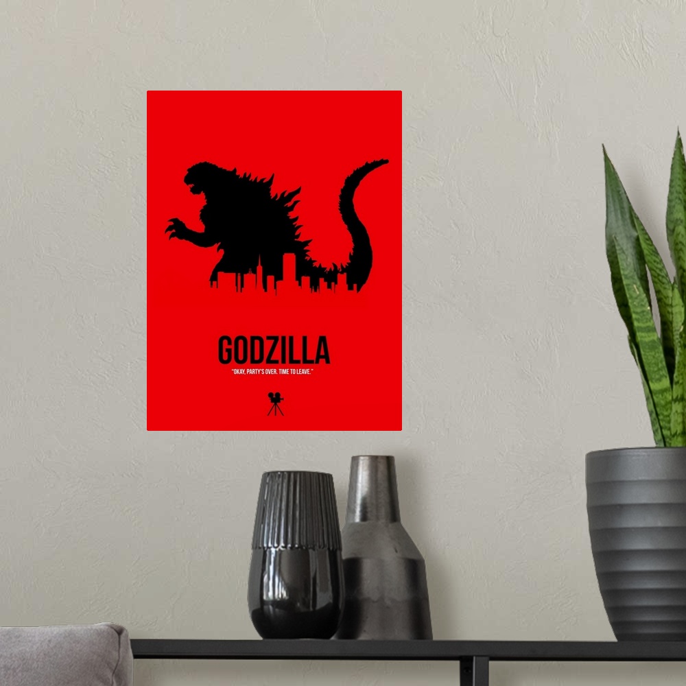 A modern room featuring Godzilla