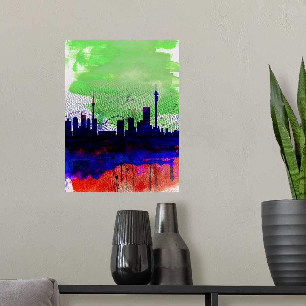 A modern room featuring Johannesburg Watercolor Skyline