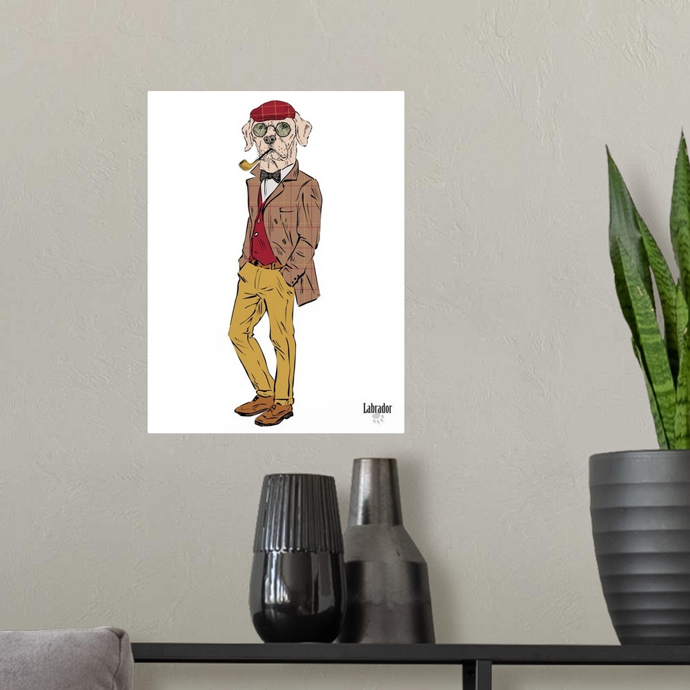 A modern room featuring Contemporary illustrative artwork of an animal in hipster fashion against a white background.