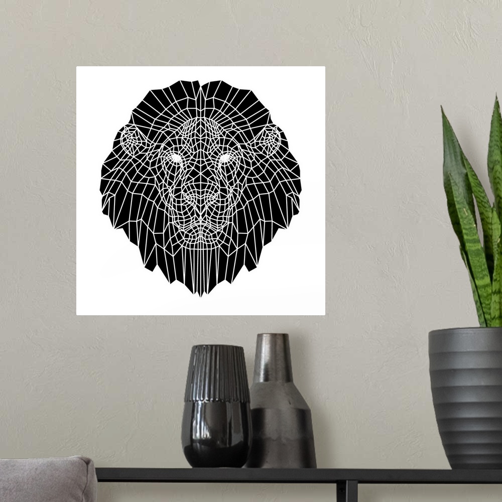 A modern room featuring Lion head made up of a polygon mesh.
