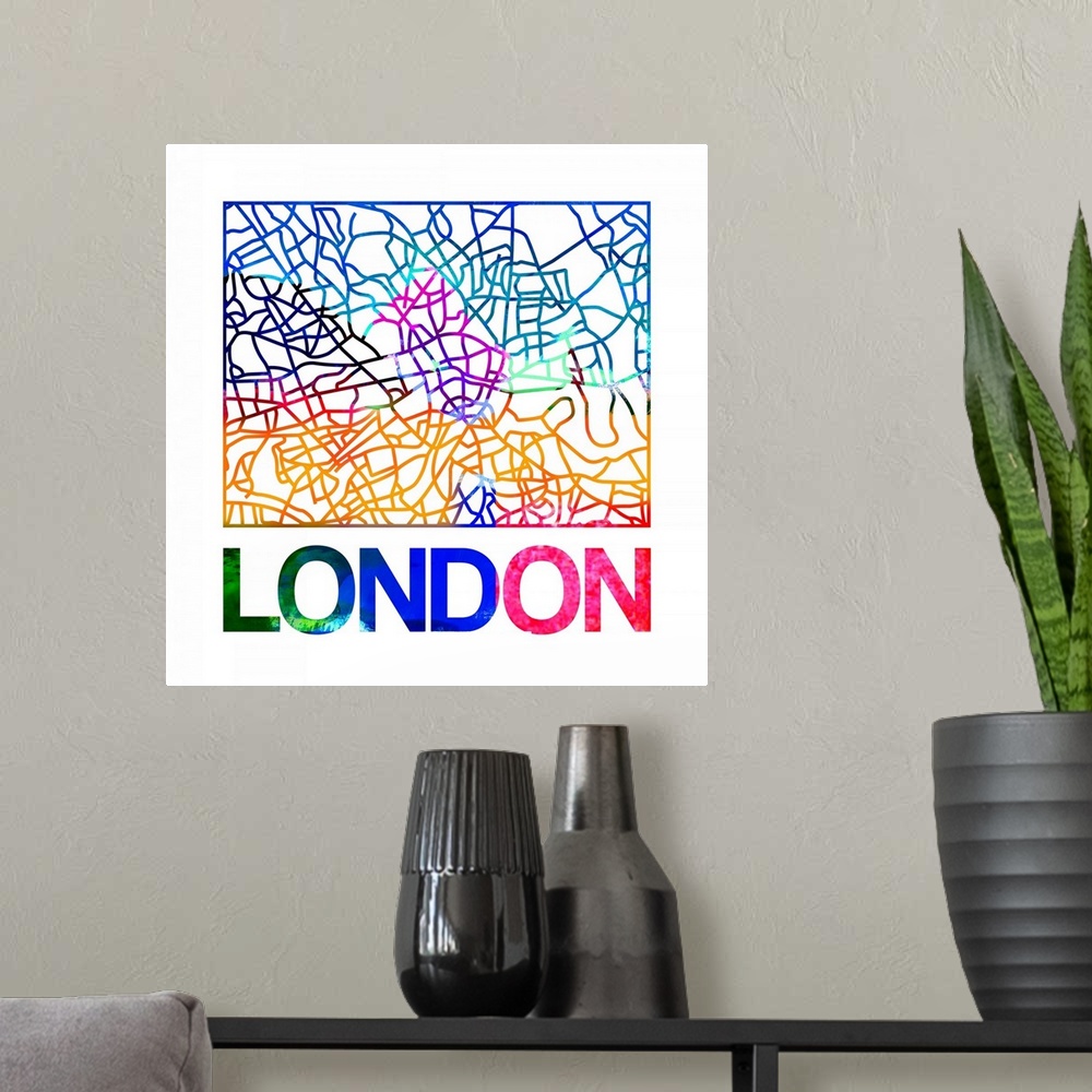 A modern room featuring Colorful map of the streets of London, England.