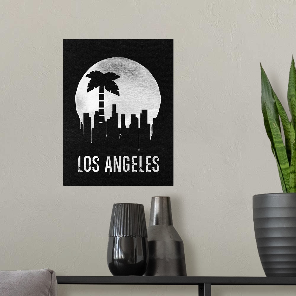 A modern room featuring Contemporary watercolor artwork of the Los Angeles skyline, in silhouette.