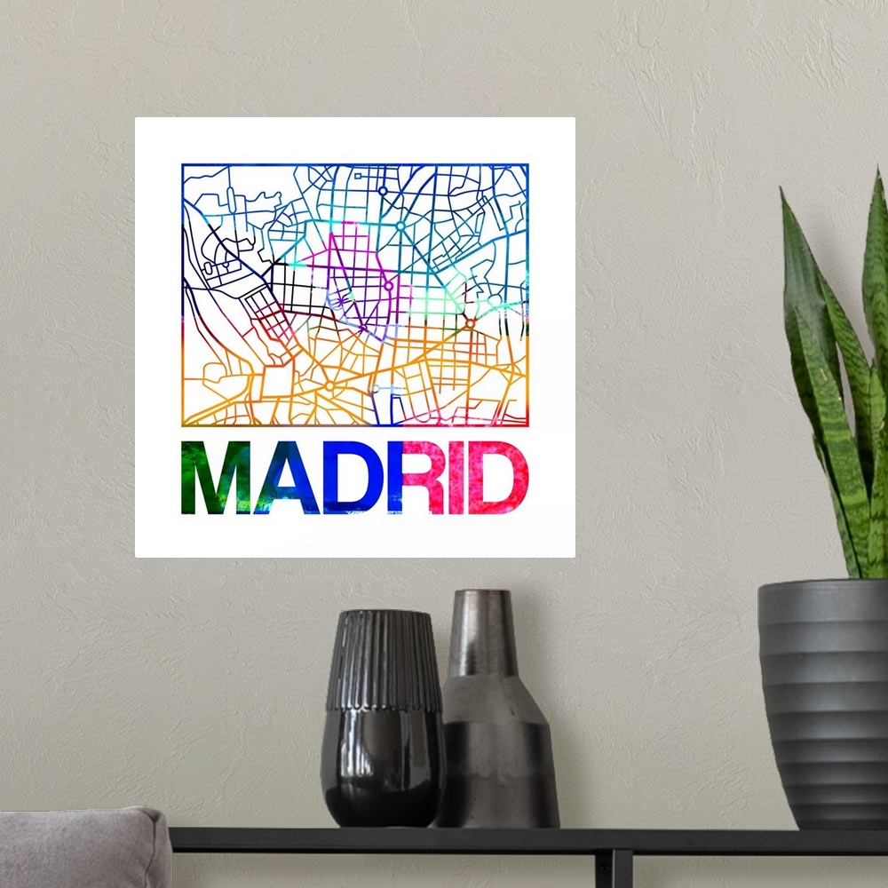 A modern room featuring Colorful map of the streets of Madrid, Spain.