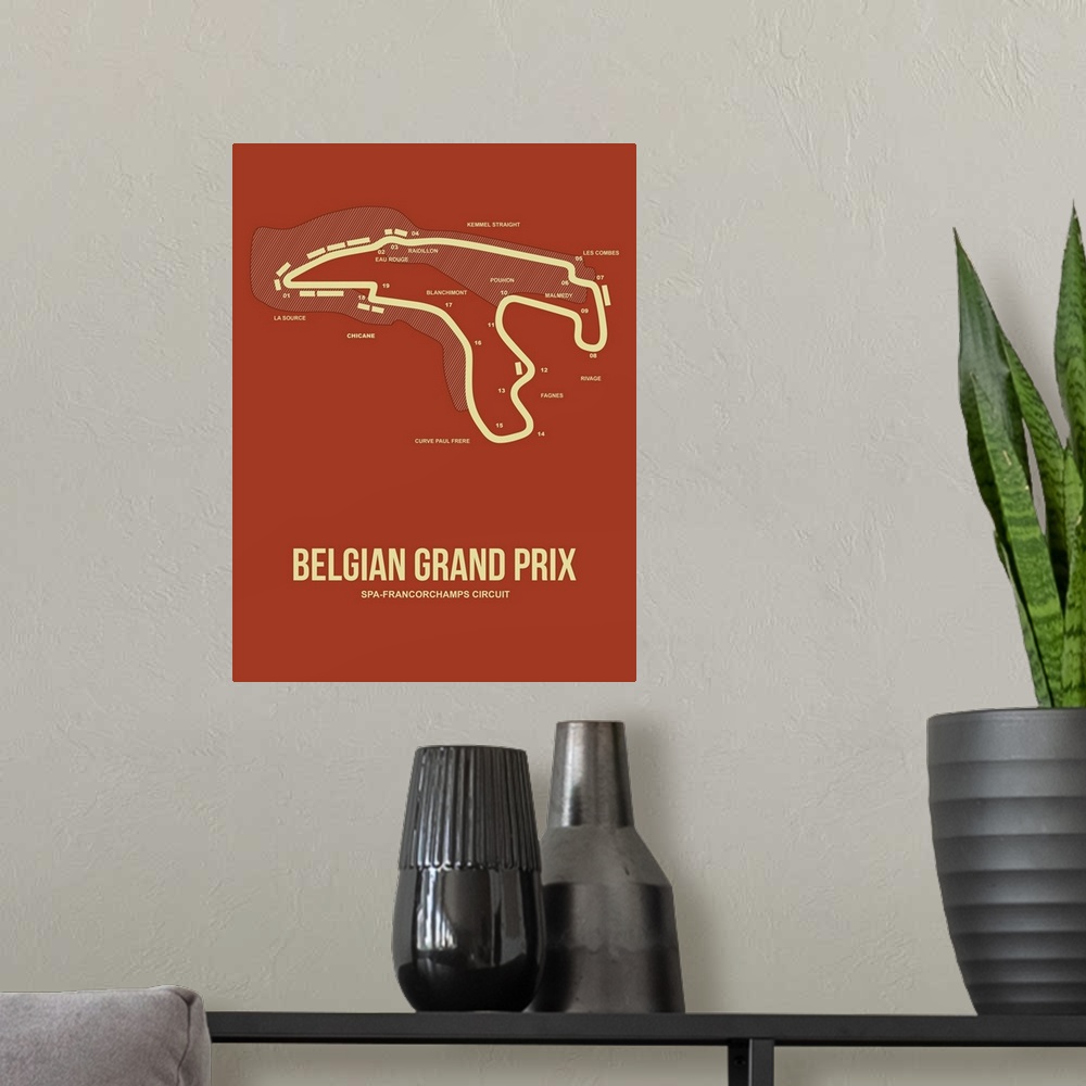 A modern room featuring Minimalist Belgian Grand Prix Poster II