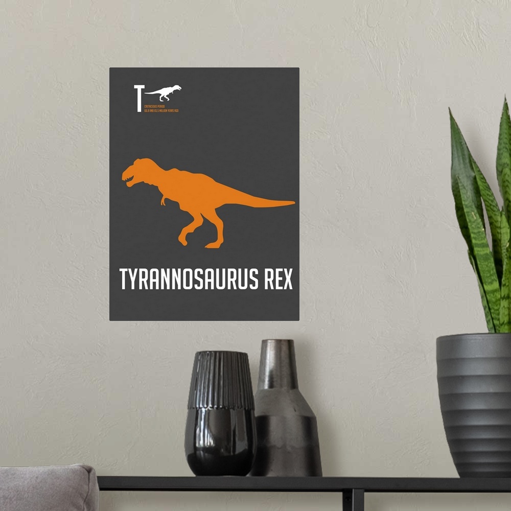 A modern room featuring Minimalist Dinosaur Poster - Tyrannosaurus Rex - Orange