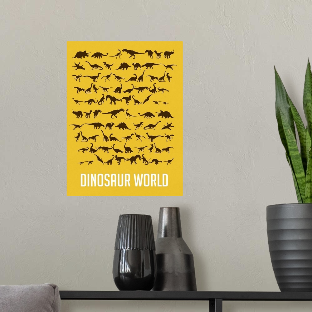 A modern room featuring Minimalist Dinosaur World Poster - Yellow