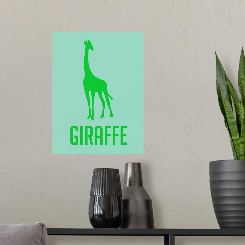 A modern room featuring Minimalist Wildlife Poster - Giraffe - Green