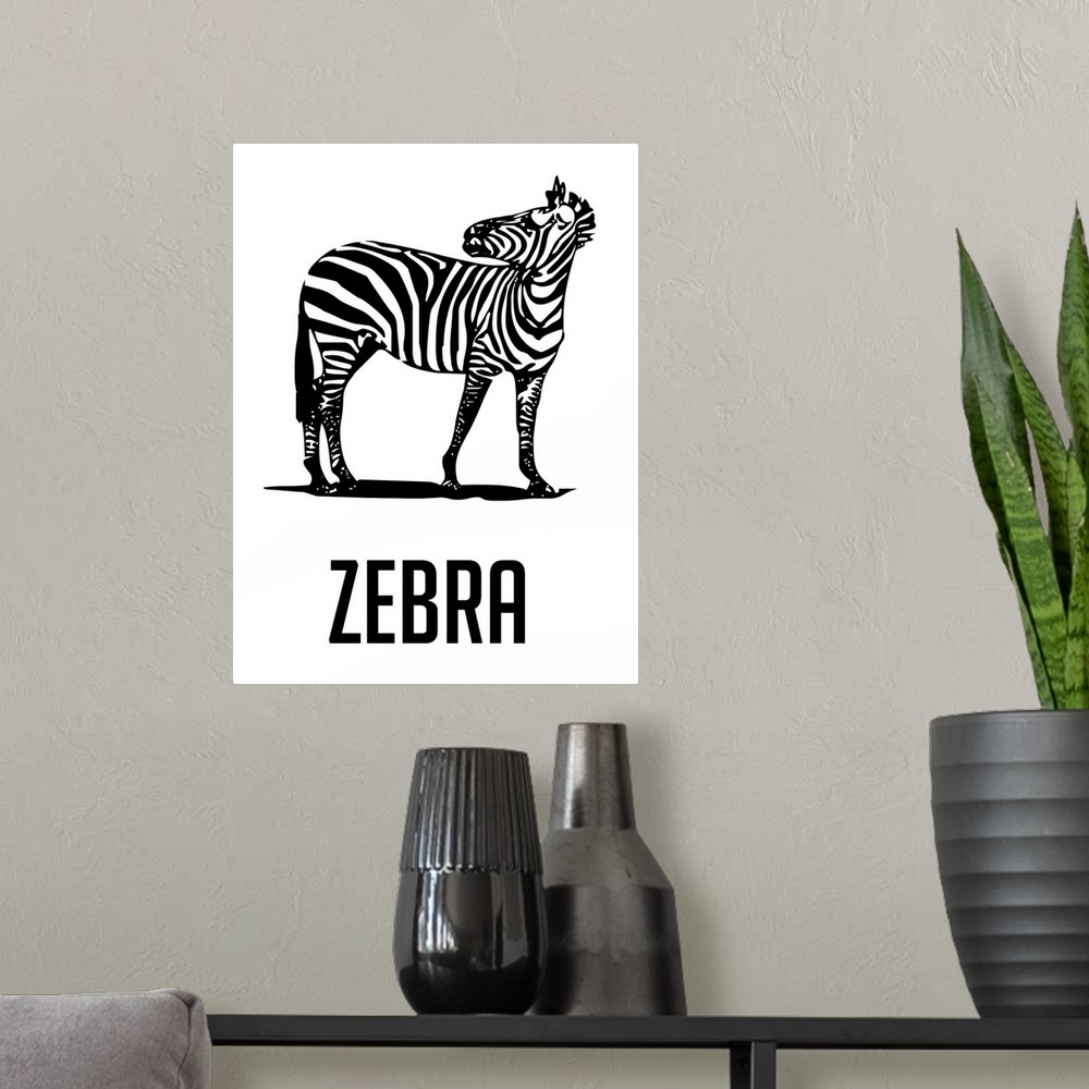 A modern room featuring Minimalist Wildlife Poster - Zebra - Black