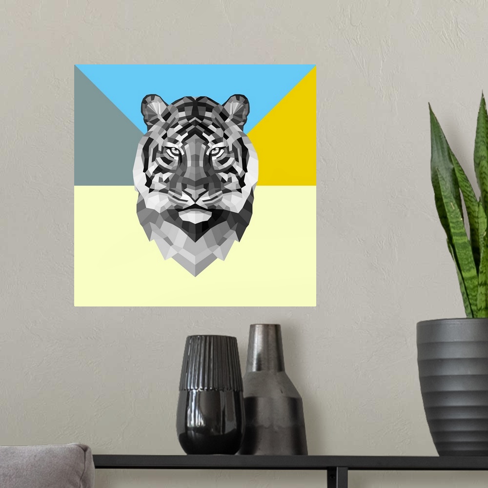 A modern room featuring Tiger head made up of a polygon mesh.