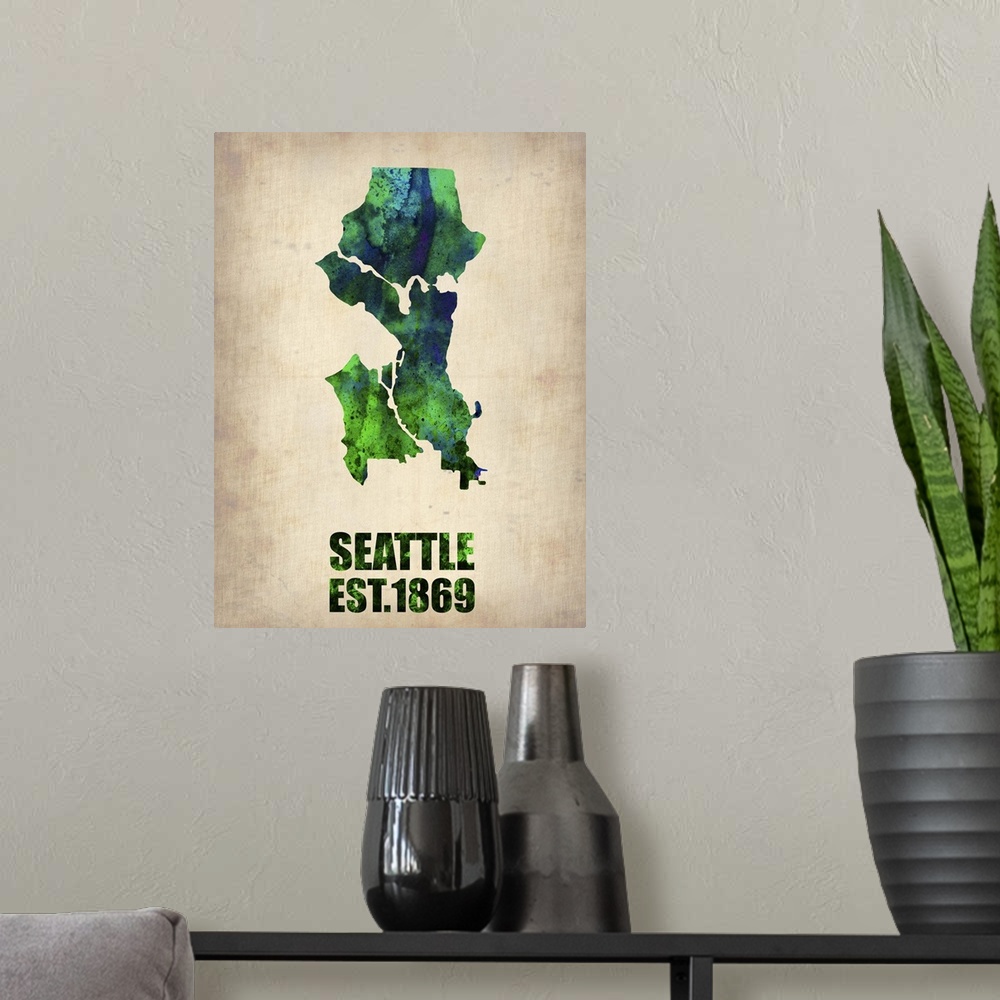 A modern room featuring Seattle Watercolor Map