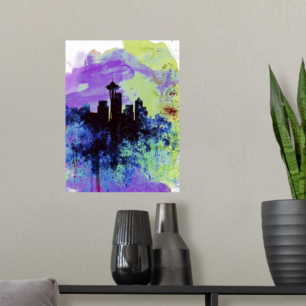 A modern room featuring Seattle Watercolor Skyline I