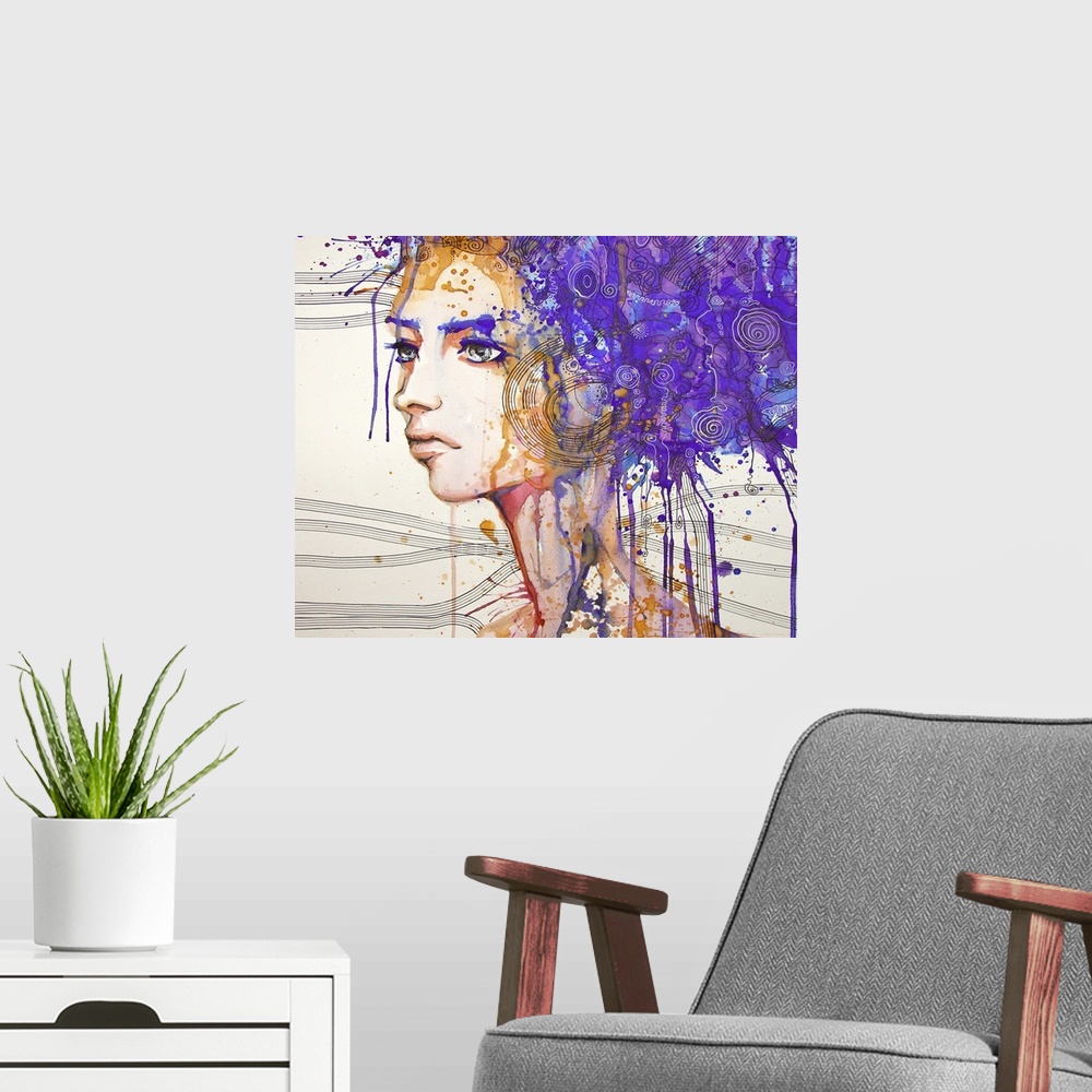A modern room featuring Contemporary watercolor portrait of a woman with elaborate paint Splattered purple hair.