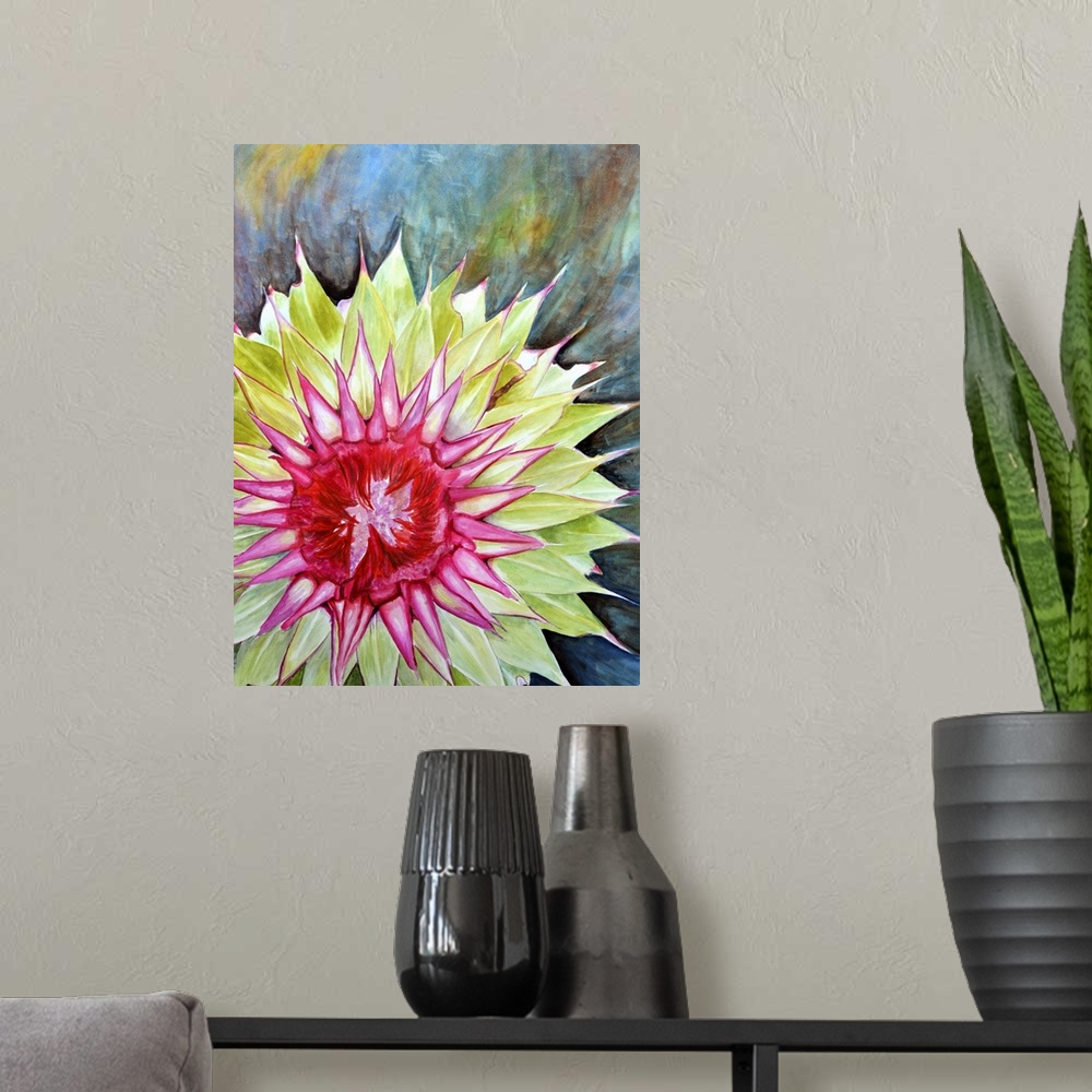 A modern room featuring Contemporary painting of a thistle flower.