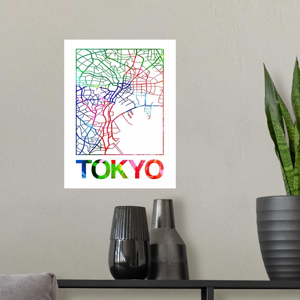 A modern room featuring Colorful map of the streets of Tokyo, Japan.