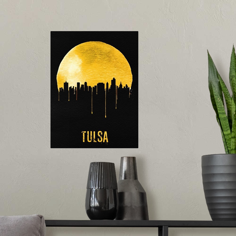 A modern room featuring Contemporary watercolor artwork of the Tulsa city skyline, in silhouette.