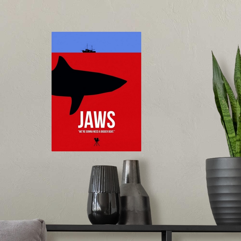 A modern room featuring Contemporary minimalist movie poster artwork of Jaws.