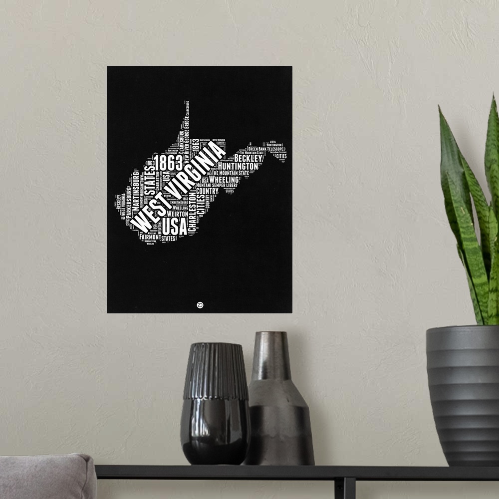 A modern room featuring Typography art map of the US state West Virginia.