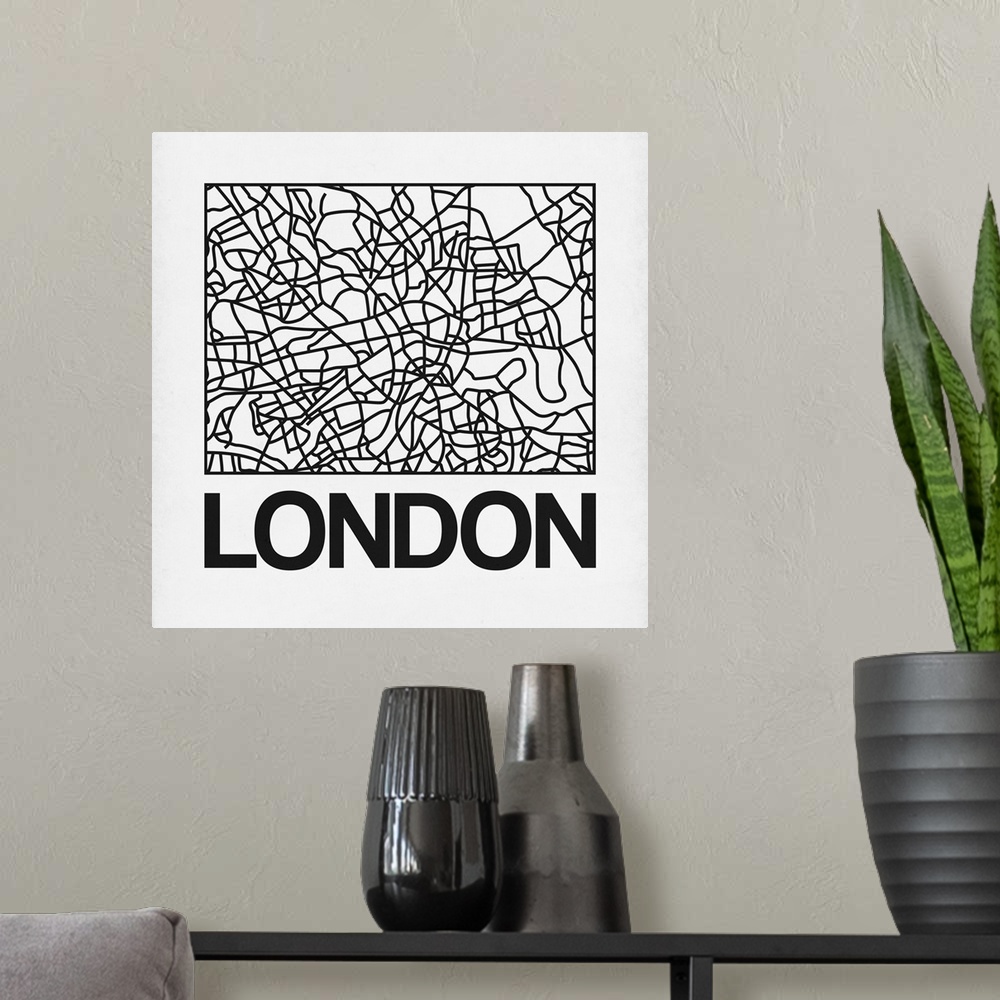 A modern room featuring Contemporary minimalist art map of the city streets of London.