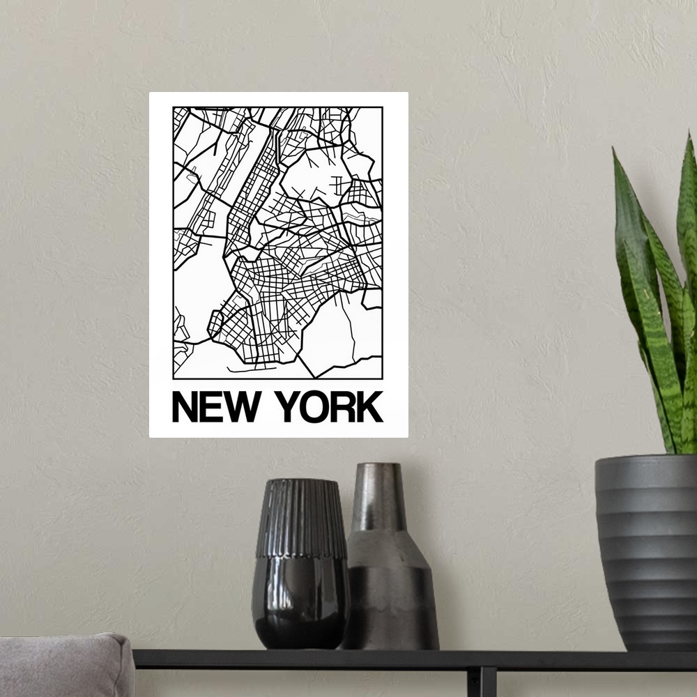 A modern room featuring Contemporary minimalist art map of the city streets of New York.