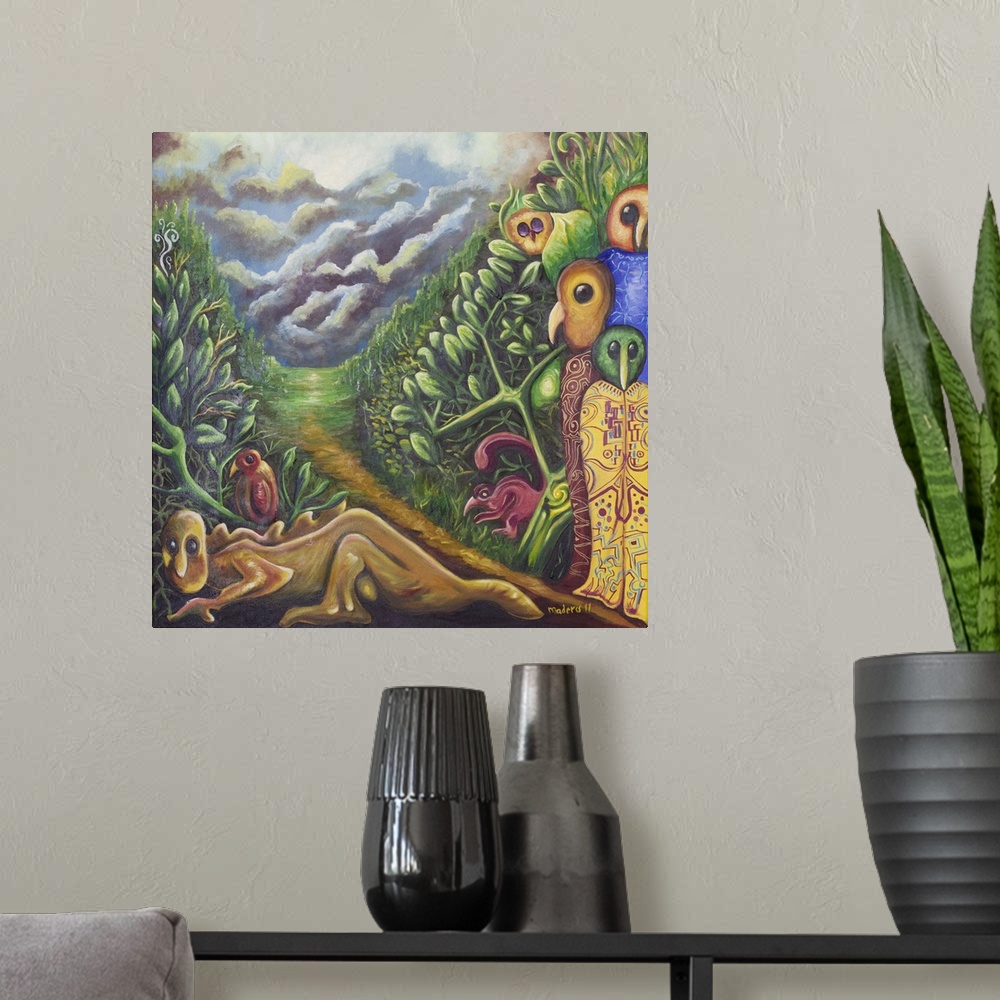 A modern room featuring Mysterious creatures with the faces of birds emerge from amid jungle greenery. Dressed in colorfu...