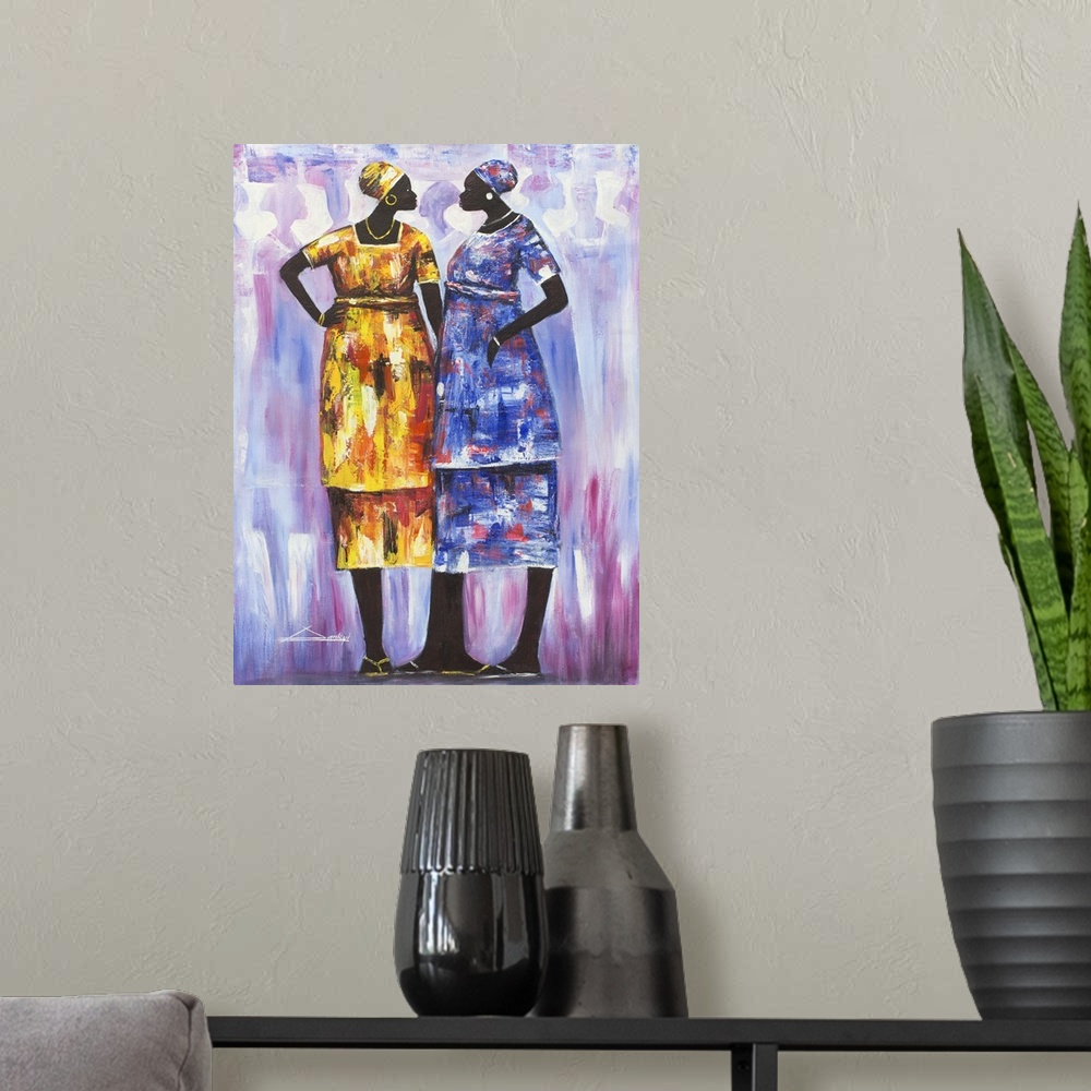 A modern room featuring Colorfully dressed in modern attire, two fashionable women enjoy a spirited chat. Bright Dankyi M...