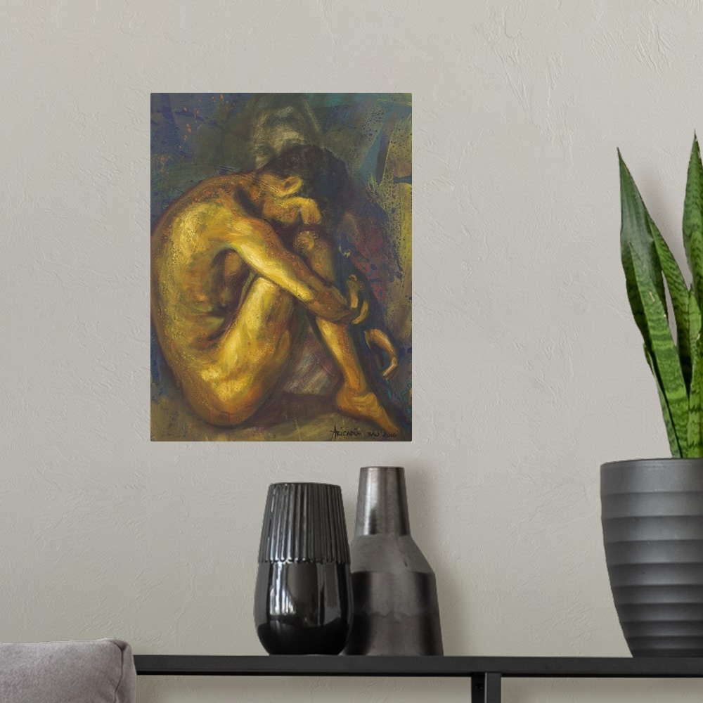 A modern room featuring Wrapped in his thoughts, a man's posture looks inward. Aricadia paints a beautiful figure study f...