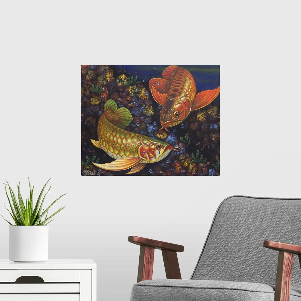A modern room featuring Depicted in lucid color, Balinese <i>arawan,</i> or dragon fish move together, always close. They...