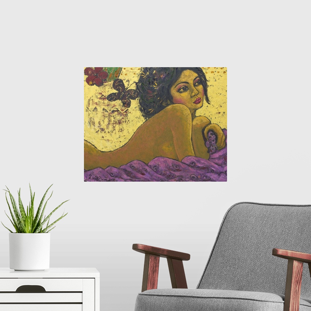 A modern room featuring Reclining amid purple silk, a beautiful woman's thoughts are far away. Her gaze seems wistful and...