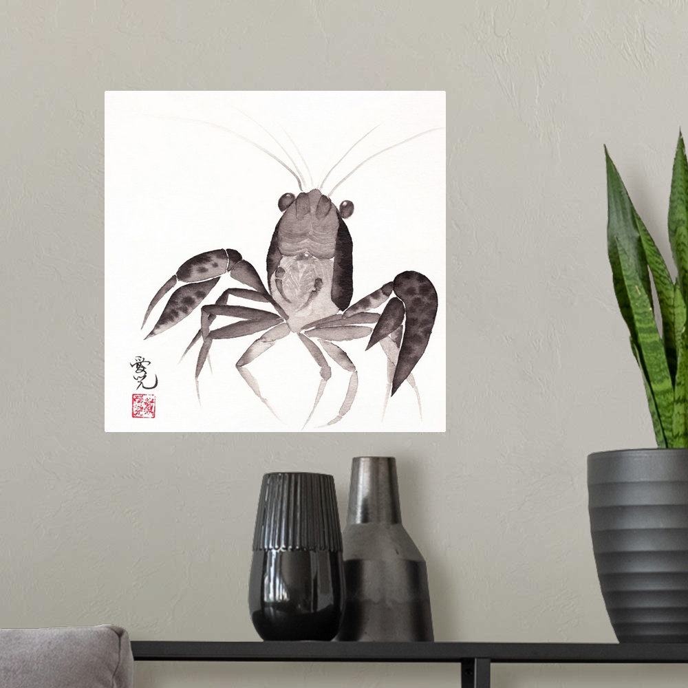 A modern room featuring Painted portrait of a mini lobster (orange crayfish) walking with its head held high.
