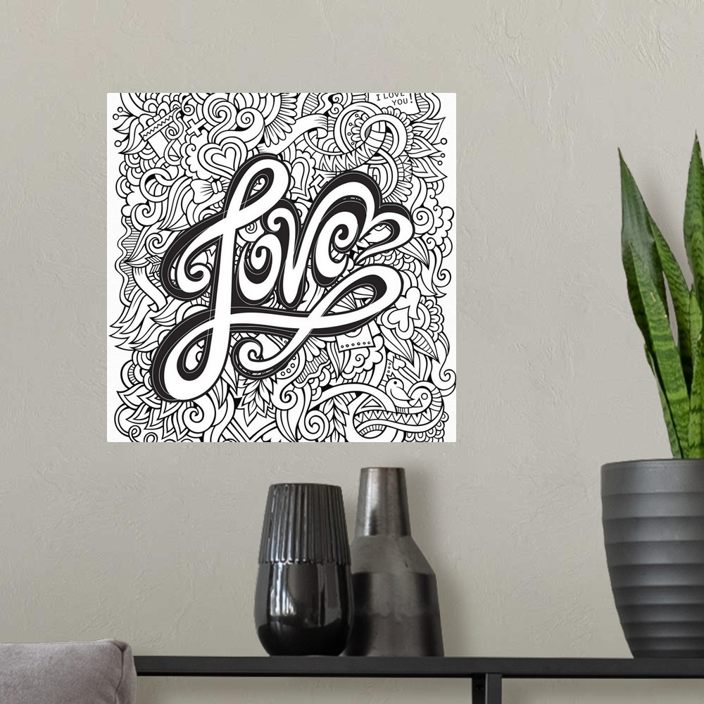 A modern room featuring The word "Love" written in flowing script with hearts and swirls behind. Perfect for Coloring Can...