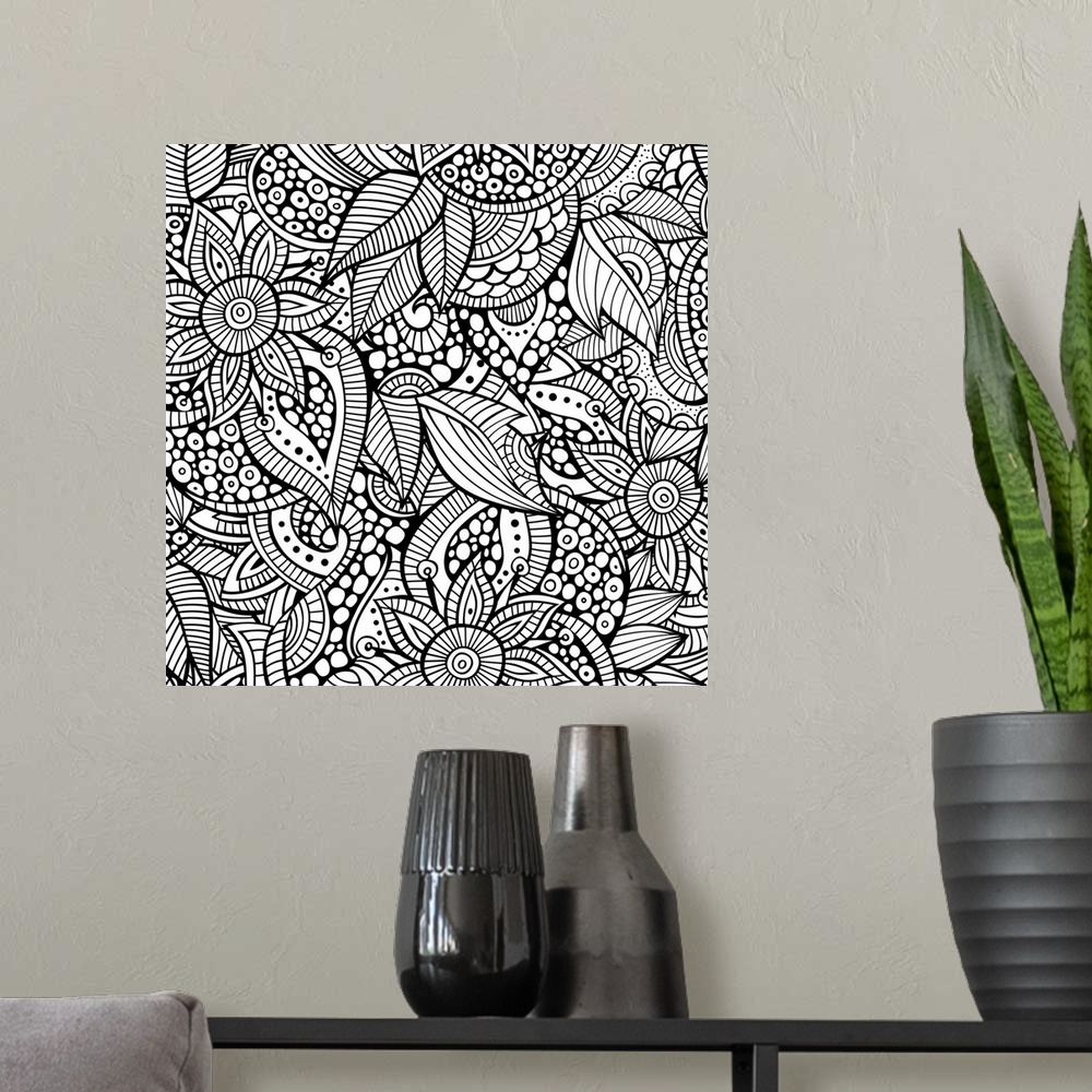 A modern room featuring Intricate floral pattern with striped petals and leaves. Perfect for Coloring Canvas.