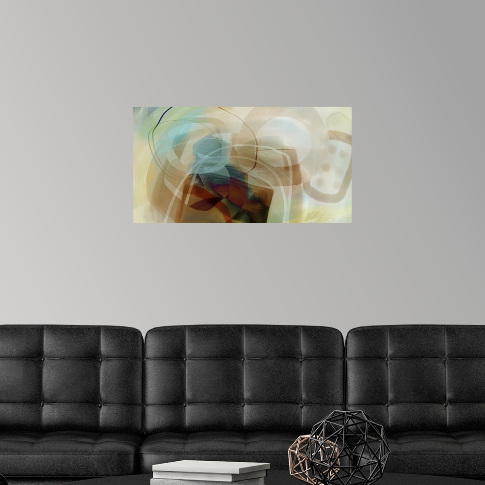 A modern room featuring Abstract contemporary painting in beige, teal, and deep brown.