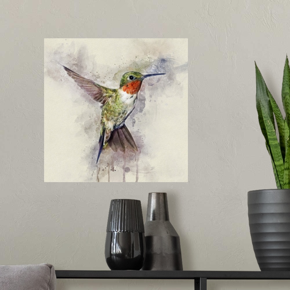 A modern room featuring A Ruby-throated Hummingbird in mid-flight.