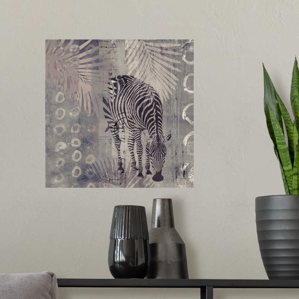A modern room featuring Modern mixed media art with wild zebra in muted and neutral colors.