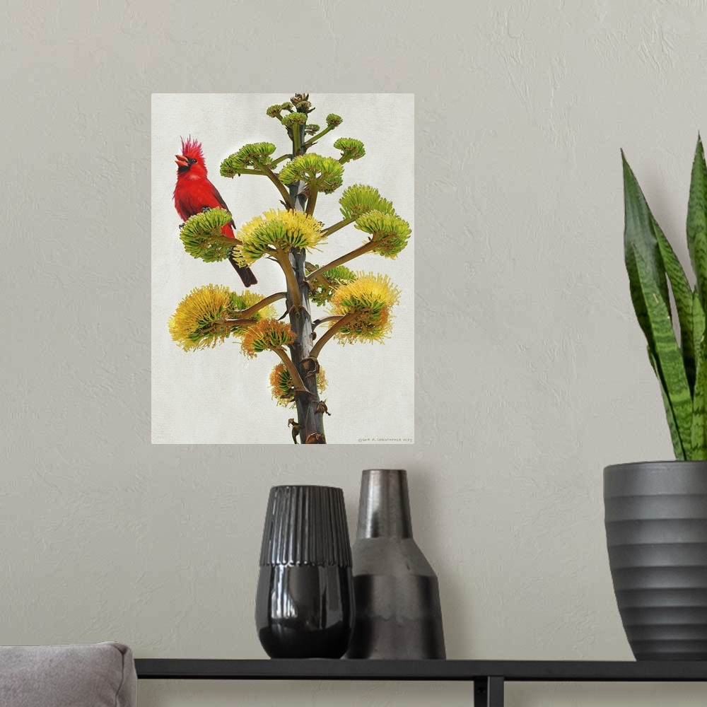 A modern room featuring Contemporary artwork of a cardinal perched on a tree branch.