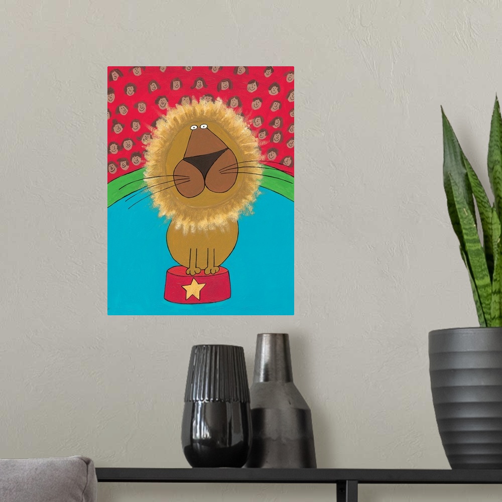 A modern room featuring Circus lion illustrated wall art.